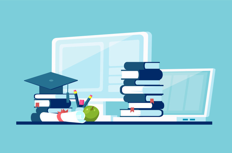 stack of books on desk